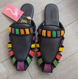 FARM Rio Black Leather Beaded Multicolor Mules